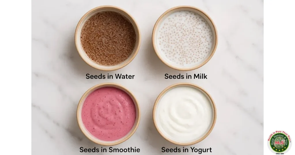 Sabit Isabgol recipes with milk, water, smoothie and yogurt