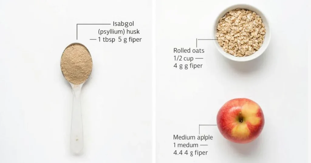 Fiber Ispaghol: Fiber content comparison of psyllium, oats, and apples.